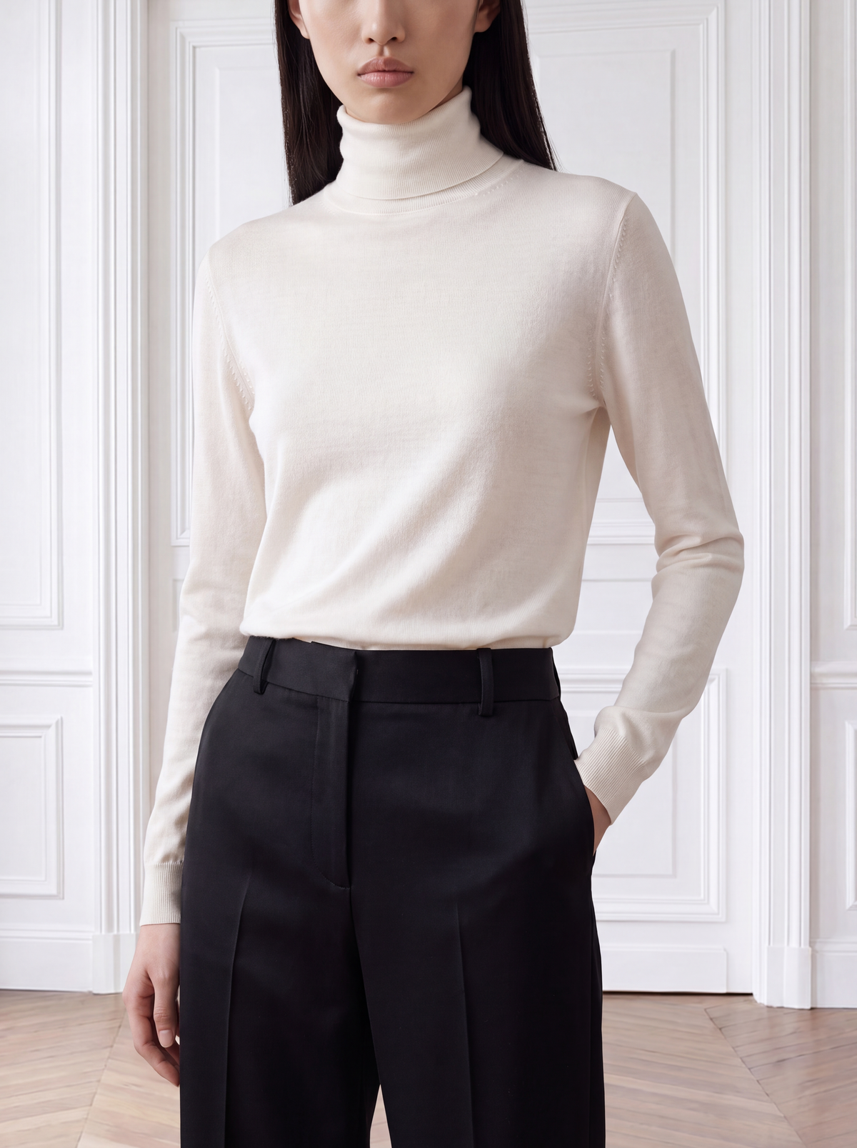 Model trägt elegantes Seiden Rollkragenshirt von AELLE COLLECTIVE