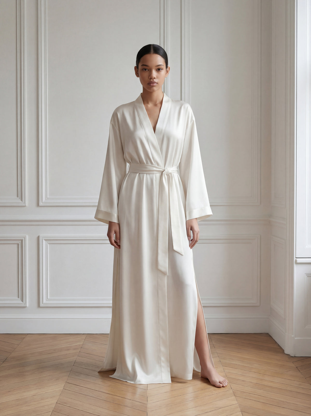 Model trägt bodenlangen Seidenmorgenmantel in Ivory mit Bindegürtel und seitlichem Schlitz