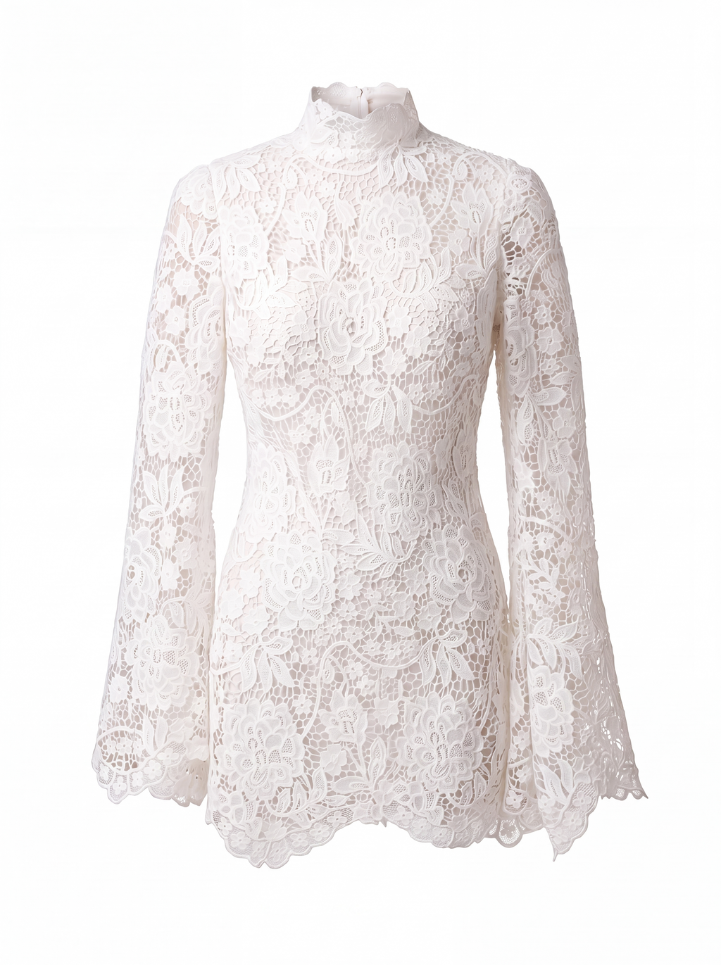 Weißes Brautkleid aus floraler Spitze mit Stehkragen und Kimonoärmeln