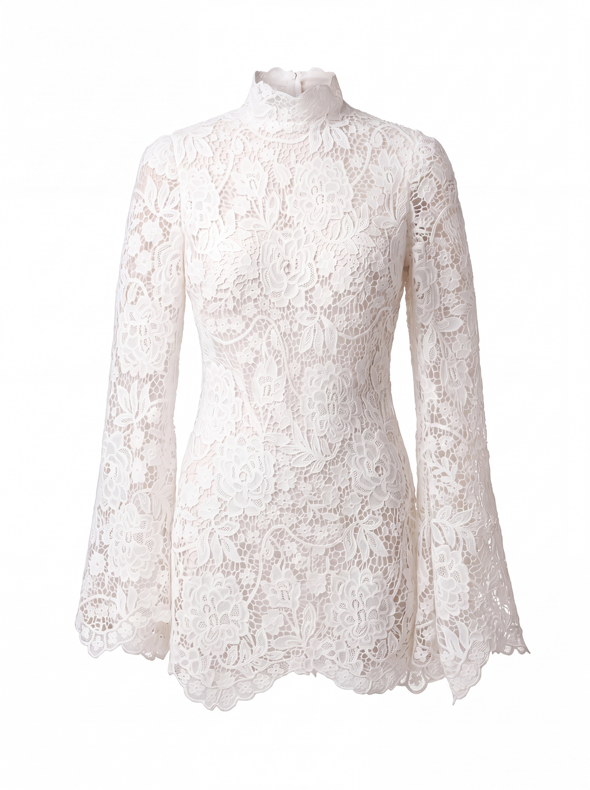 Weißes Brautkleid aus floraler Spitze mit Stehkragen und Kimonoärmeln