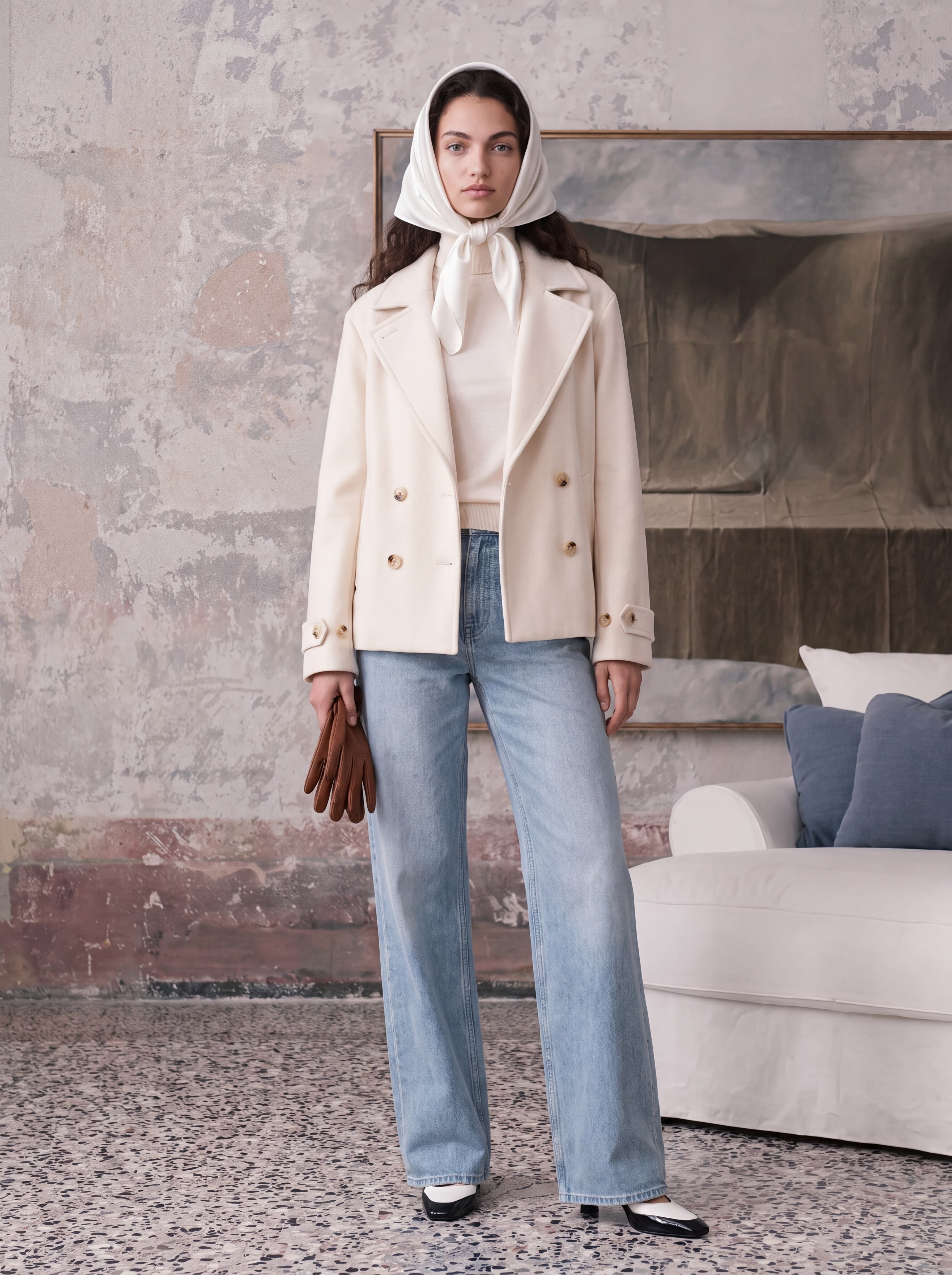 Model trägt cremeweißen Cashmere Mantel von AELLE COLLECTIVE mit elegantem kurzem Schnitt