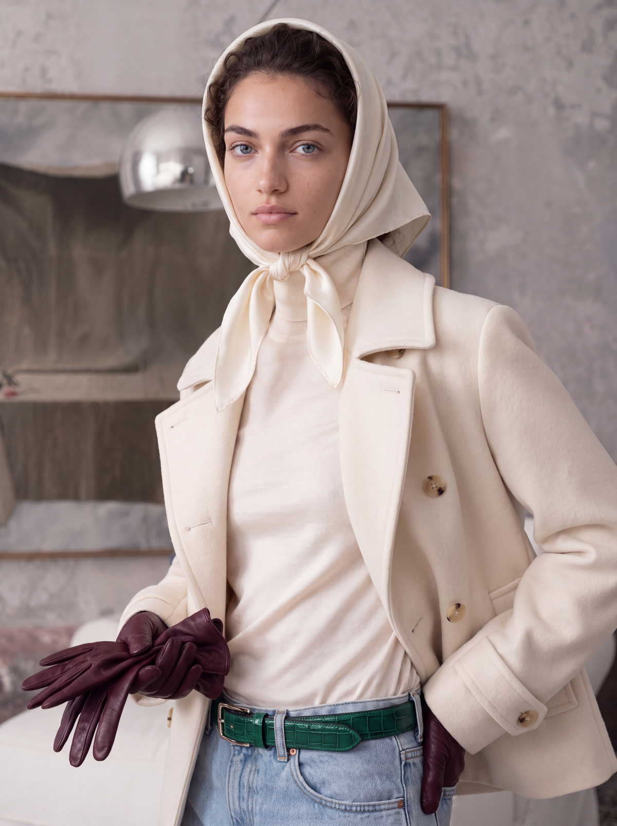 Kurzer Cashmere Damenmantel in Creme mit doppelreihiger Knopfleiste und Stehkragen
