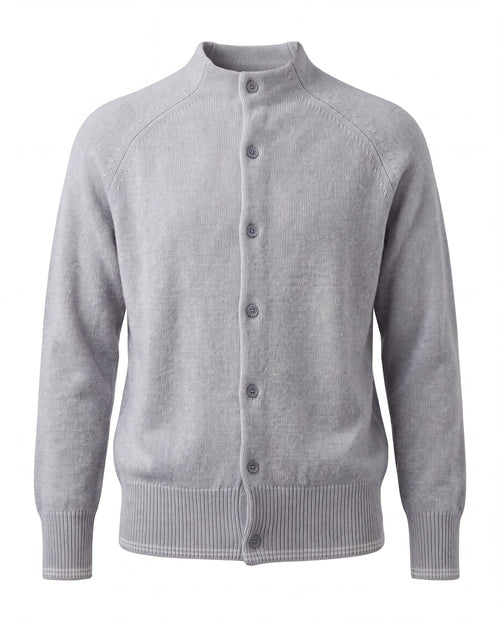 Grauer Cashmere Cardigan aus 100 % Kaschmir mit Stehkragen und Knopfleiste